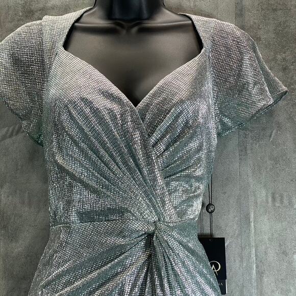 ADRIANNA PAPELL Women's Sea Glass Metallic Mesh Twist Short Sleeve Maxi Gown SZ6 - Picture 4 of 14